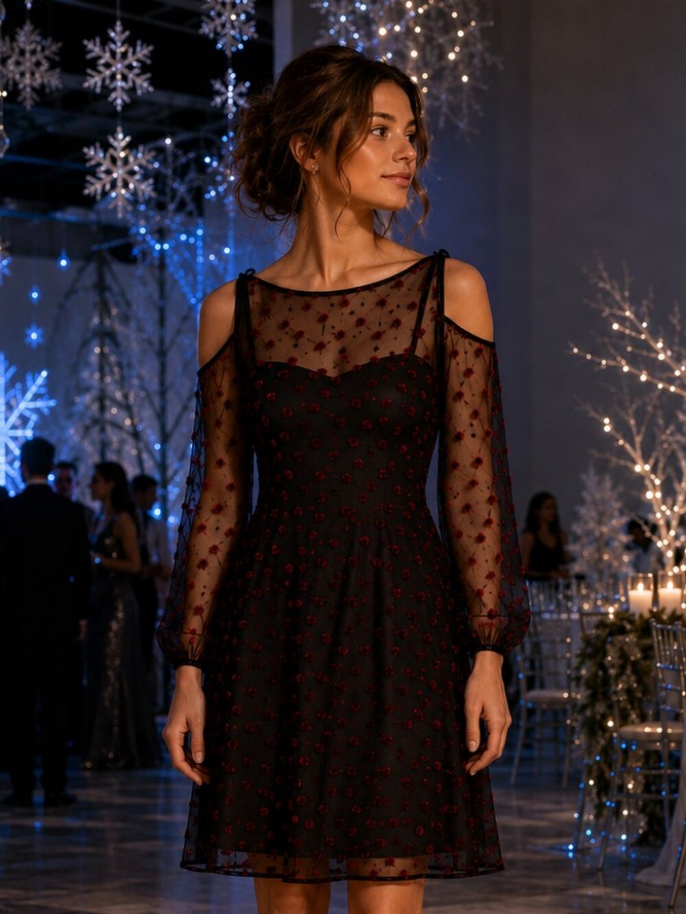 Foxiedox Black Red Embroidered Mesh Cold Shoulder Cocktail Dress XS